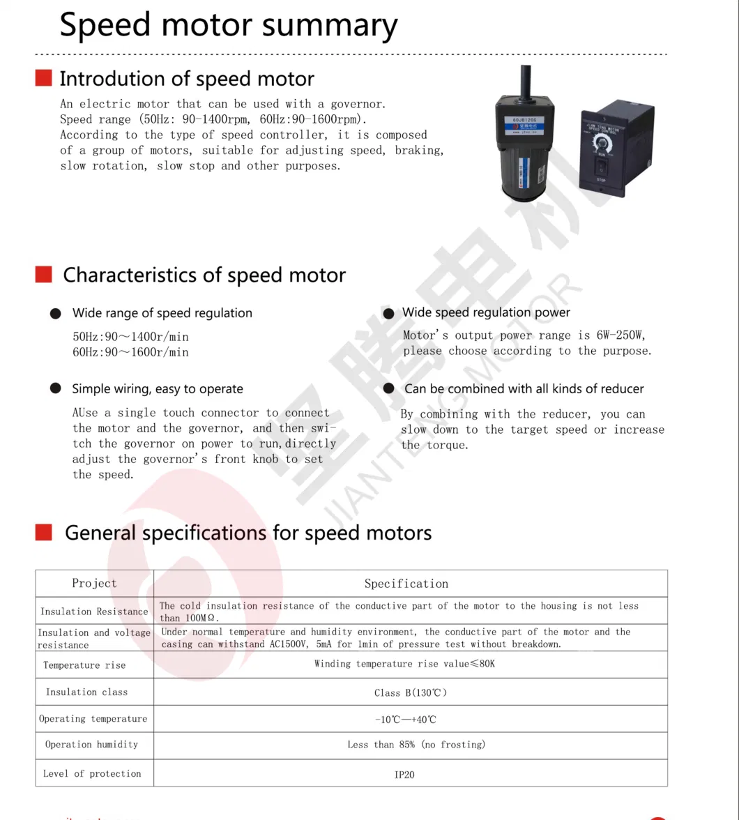 Jianteng Electric Gear Motor Reduction AC Motor 110V 220V Single Phase Speed Controller